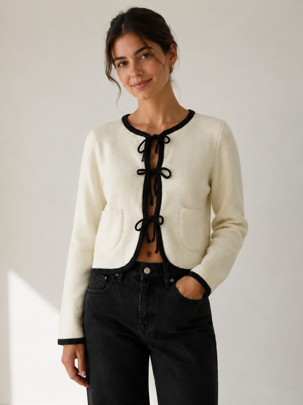 Zara Wool Blend Cream Black Contrast Bow Tie Front Knit Cardigan Jacket M